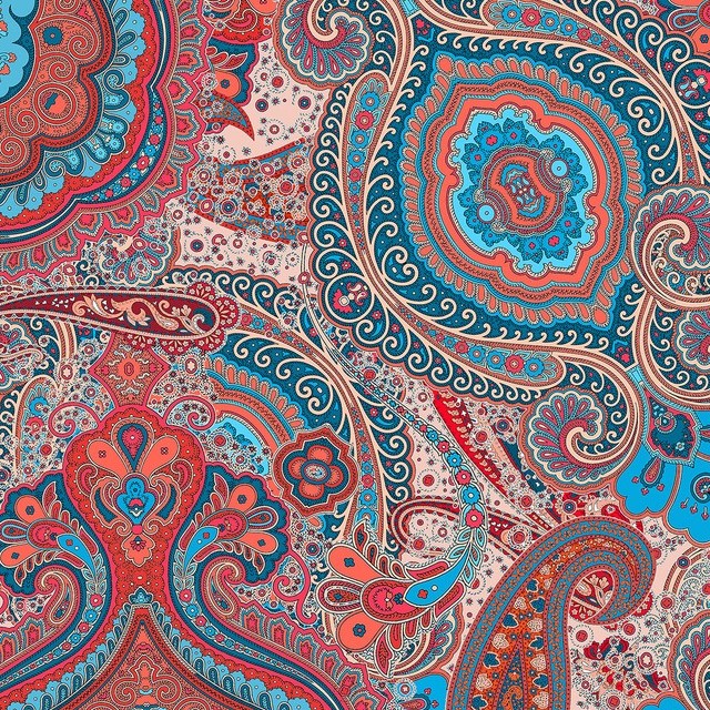 Fiery cashmir-paisley in fireplace red blue rose | View: Mini fantasy print on a two-tone pique offwhite/beige