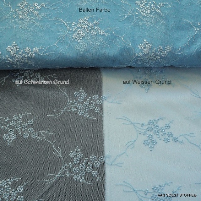 Fluttering fine mini flowers on tone in tone light blue tulle | View: Fluttering fine mini flowers on tone in tone light blue tulle