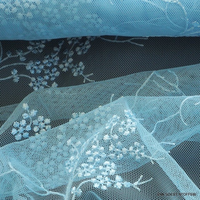 Fluttering fine mini flowers on tone in tone light blue tulle | View: Fluttering fine mini flowers on tone in tone light blue tulle