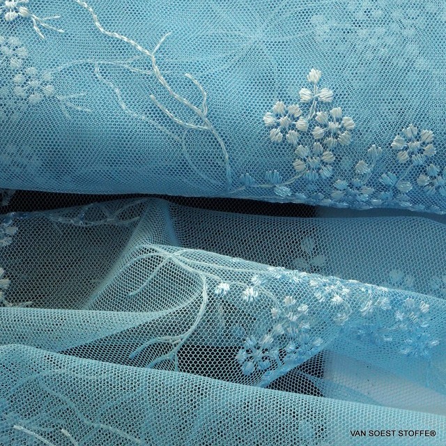 Fluttering fine mini flowers on tone in tone light blue tulle | View: Fluttering fine mini flowers on tone in tone light blue tulle