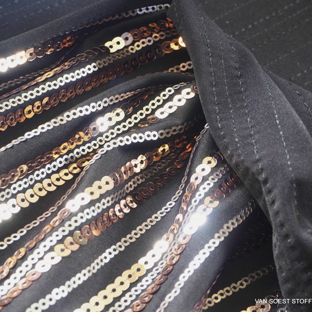 Gold bronze sequin stripe on black high stretch knitted fabric
