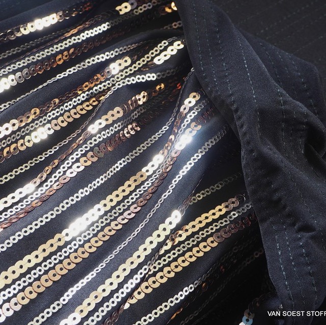 Gold bronze sequin stripe on black high stretch knitted fabric | View: Gold bronze sequin stripe on black high stretch knitted fabric