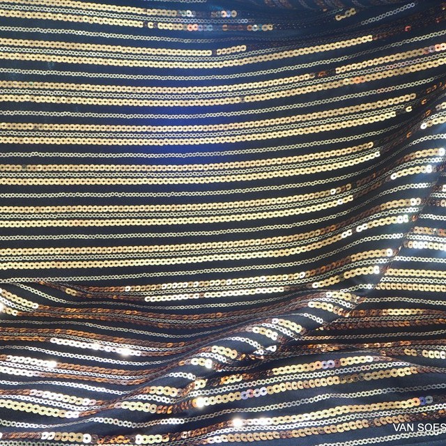 Gold bronze sequin stripe on black high stretch knitted fabric | View: Gold bronze sequin stripe on black high stretch knitted fabric