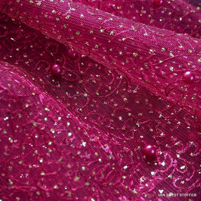 Gold Glitter embroidery with pearls on Burgundy tulle | View: Tone on tone Gold Glitter embroidery with pearls on Burgundy tulle