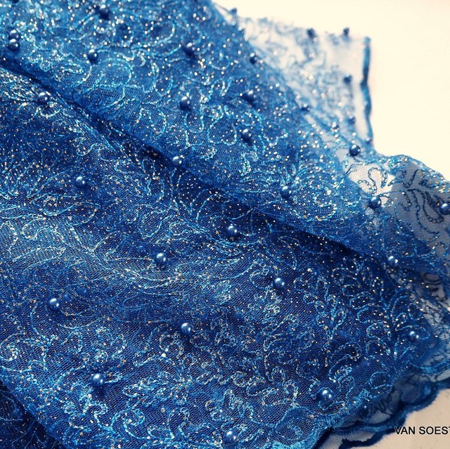 Gold Glitter embroidery with pearls on bleu colored tulle | View: Gold Glitter embroidery with pearls on bleu colored tulle