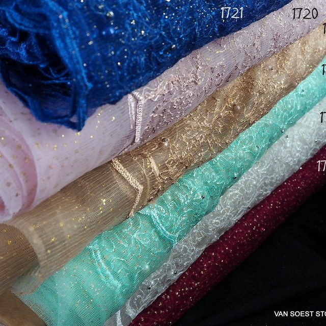 Gold Glitter embroidery with pearls on bleu colored tulle | View: Gold Glitter embroidery with pearls on bleu colored tulle