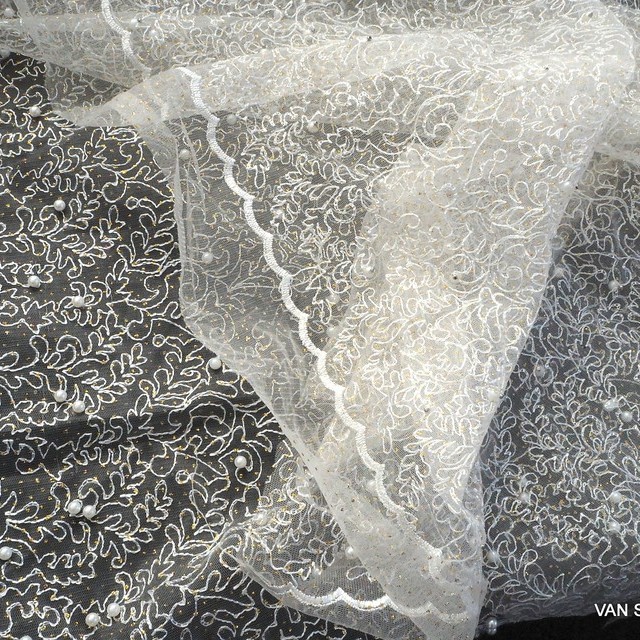 Gold Glitter embroidery with pearls on white tulle | View: Gold Glitter embroidery with pearls on white tulle