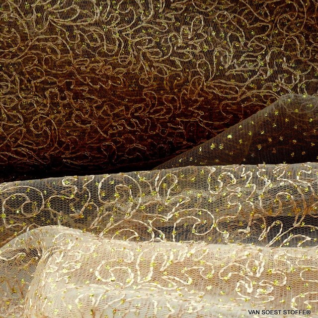 Gold Glitter embroidery on gold colored tulle | View: Tone on tone Gold Glitter embroidery without pearls on gold colored tulle