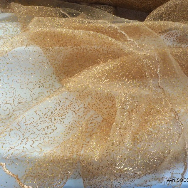 Gold Glitter embroidery on gold colored tulle | View: Tone on tone Gold Glitter embroidery without pearls on gold colored tulle