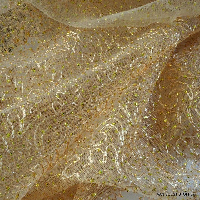 Gold Glitter embroidery on gold colored tulle | View: Tone on tone Gold Glitter embroidery without pearls on gold colored tulle