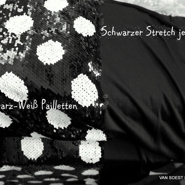 Large sequins polka dots on stretch jersey in black & white