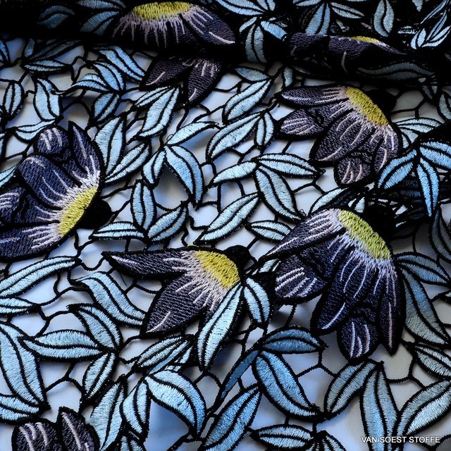 Guipure flowers + leaves lace in bleu gray black yellow | View: Guipure flowers + leaves lace in bleu gray black yellow