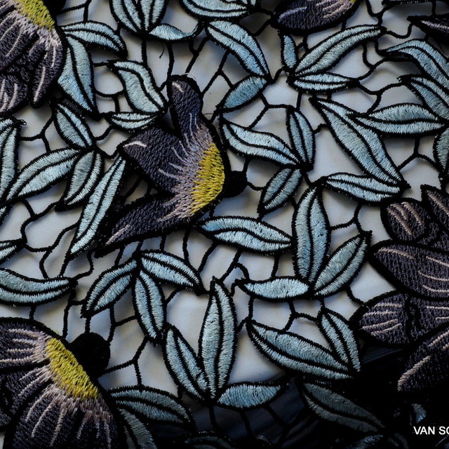 Guipure flowers + leaves lace in bleu gray black yellow | View: Guipure flowers + leaves lace in bleu gray black yellow