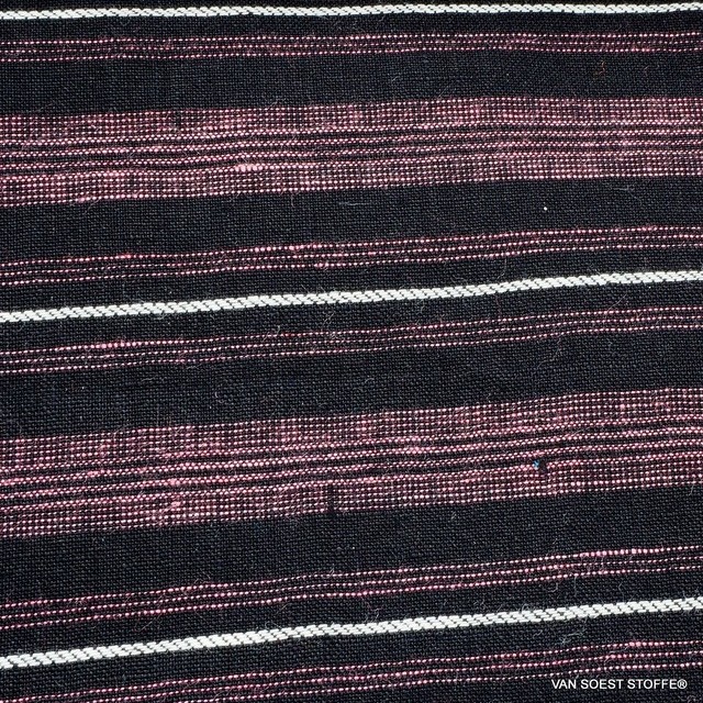 Hochwertiger 100%  Dobby Leinen Streifen in Rosa Schwarz-Weiß | Ansicht: Hochwertiger 100%  Dobby Leinen Streifen in Rosa Schwarz-Weiß