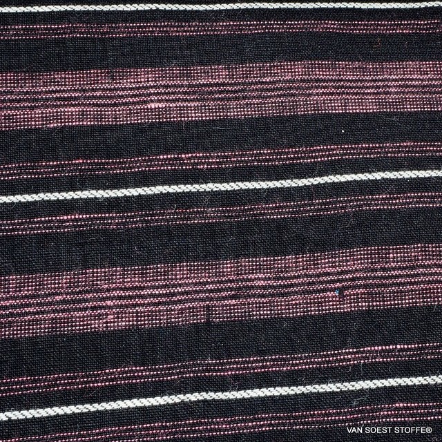 High quality 100% Dobby linen stripes in pink black and white | View: High quality 100% Dobby linen stripes in pink black and white