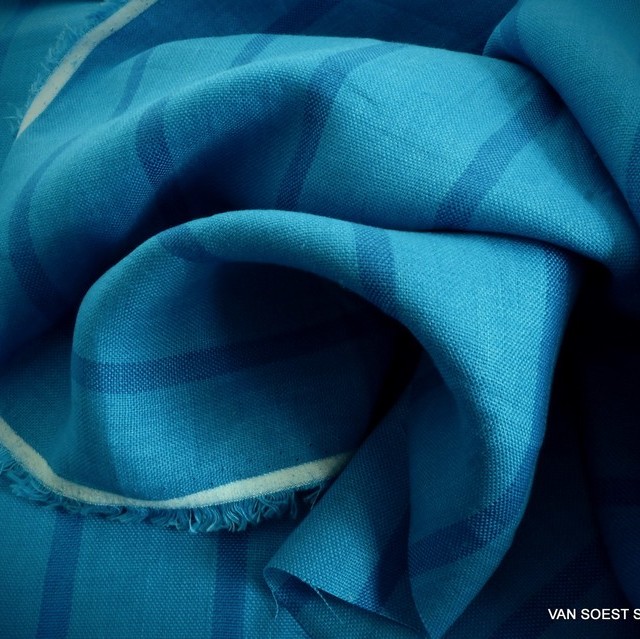 High Quality 100% Dobby Linen Long Stripe in Aqua Blue