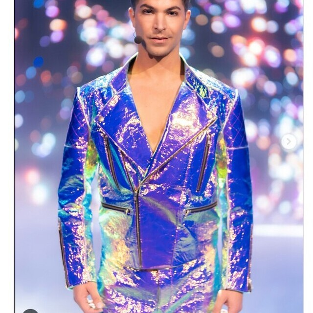Holographic faux leather in Neon Flame color