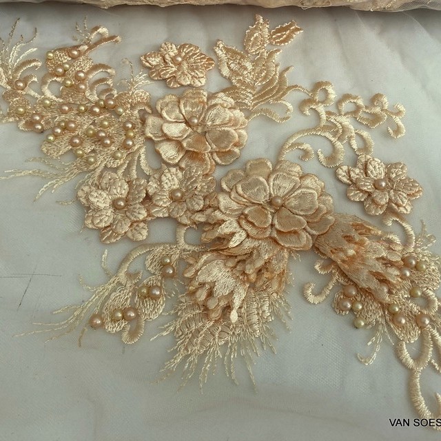 Honey colors 3Dlace flowers & leaves+large beads on tulle | View: Honey colors lace flowers & leaves with 3D flowers & large beads on tulle