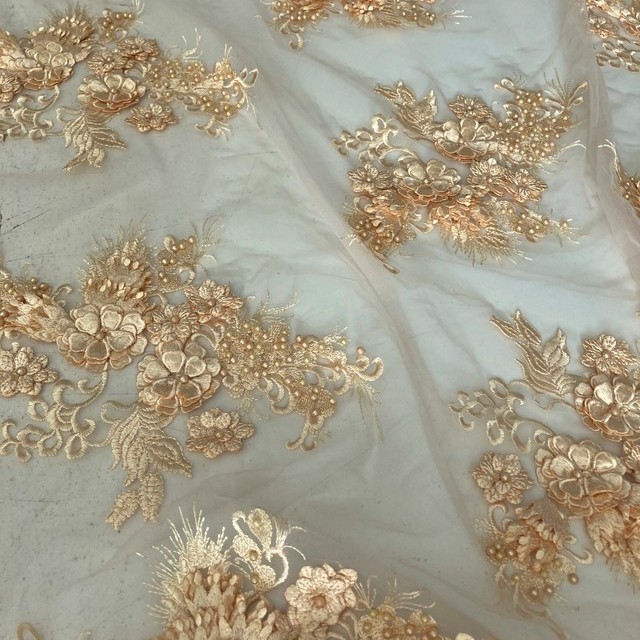 Honey colors 3Dlace flowers & leaves+large beads on tulle | View: Honey colors lace flowers & leaves with 3D flowers & large beads on tulle