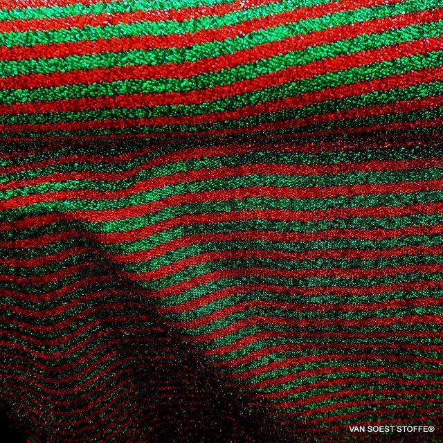 Italian Coccarda Stretch Mesh Glitter Stripes in Verde-Rosso - Green-Red. | View: Italian Coccarda Stretch Mesh Glitter Stripes in Verde-Rosso - Green-Red.