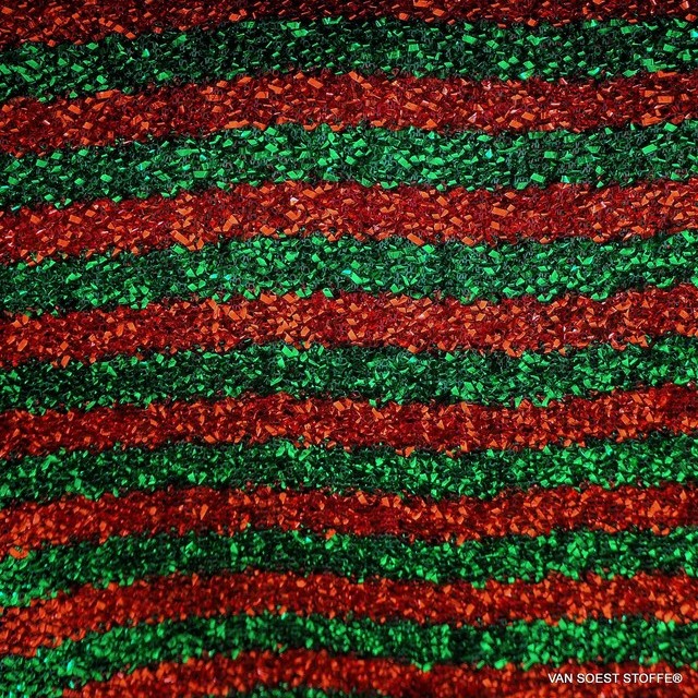 Italian Coccarda Stretch Mesh Glitter Stripes in Verde-Rosso - Green-Red.