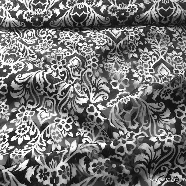 Jacquard Découpé imprimé mit floralem Ornament Muster Schwarz Weiss