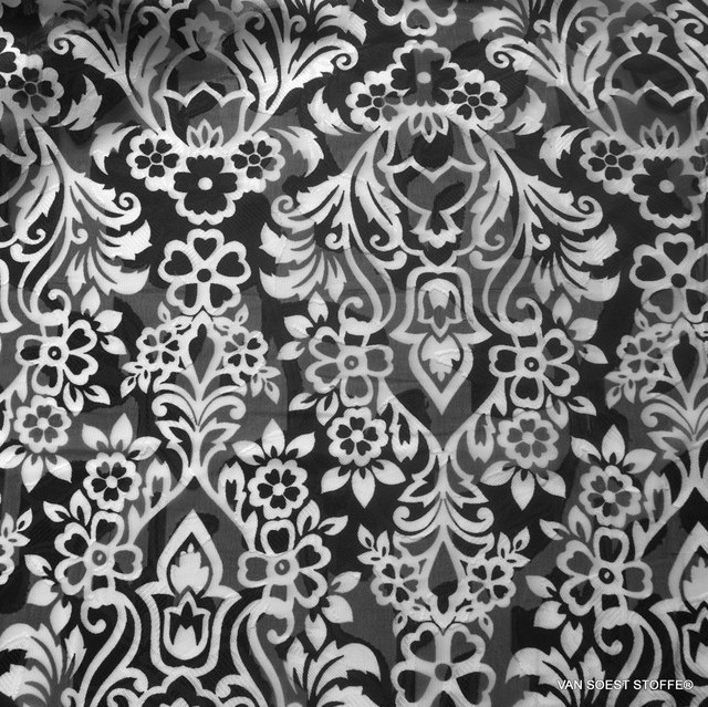 Jacquard Decoupé printed with floral ornament pattern black white | View: jacquard-lance-cut printed with floral ornament pattern black white