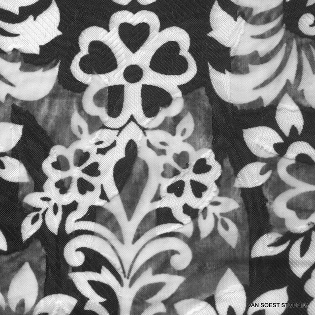 Jacquard Decoupé printed with floral ornament pattern black white | View: jacquard-lance-cut printed with floral ornament pattern black white