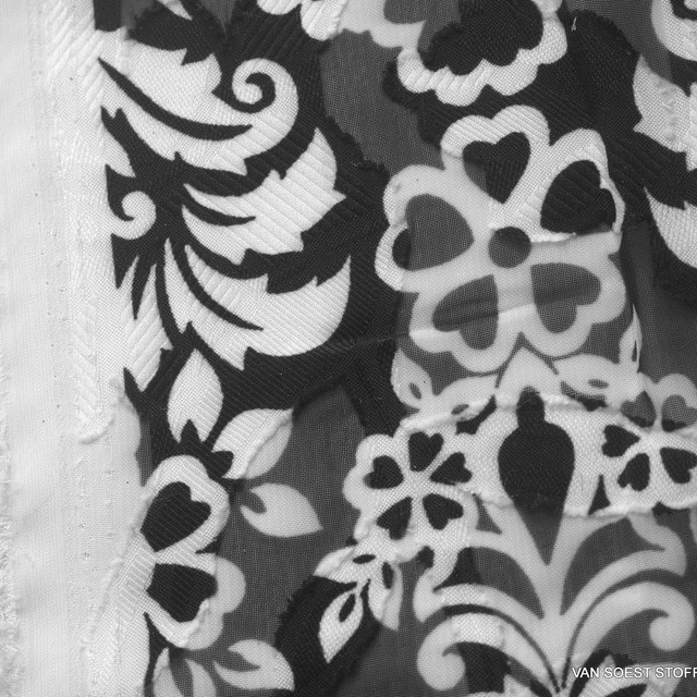 Jacquard Decoupé printed with floral ornament pattern black white | View: jacquard-lance-cut printed with floral ornament pattern black white