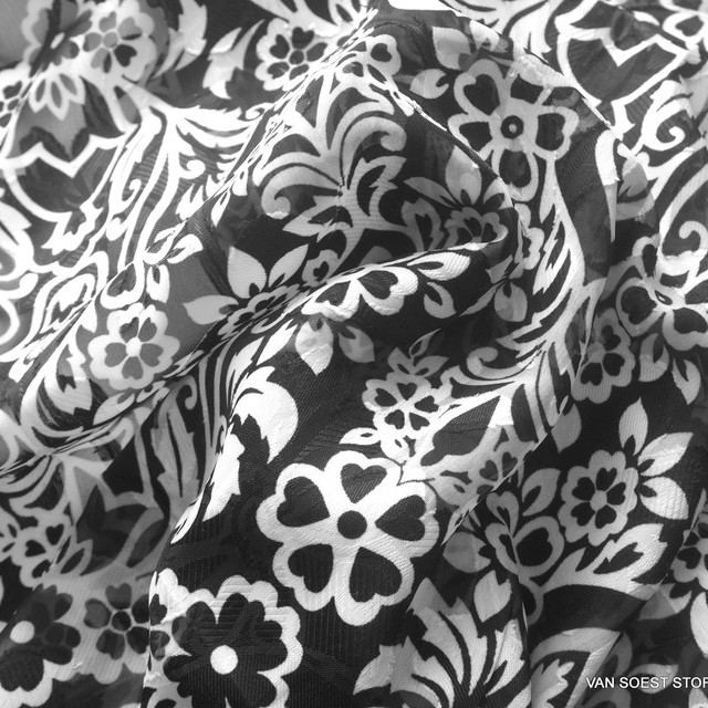 Jacquard Decoupé printed with floral ornament pattern black white | View: jacquard-lance-cut printed with floral ornament pattern black white