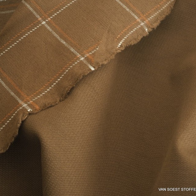 Check print on camel colored sturdy stretch flannel | View: Check print on camel colored sturdy stretch flannel