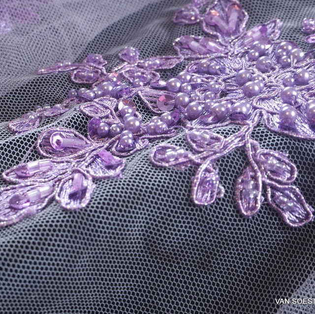 Heavy weight Purple 3D Lace with Purple Beaded Bars and Purple Mini Sequins