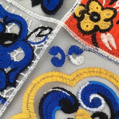 Majolica pattern on black tulle - unique colorful tile folklore embroidery | View: Majolica pattern on black tulle - unique colorful tile folklore embroidery