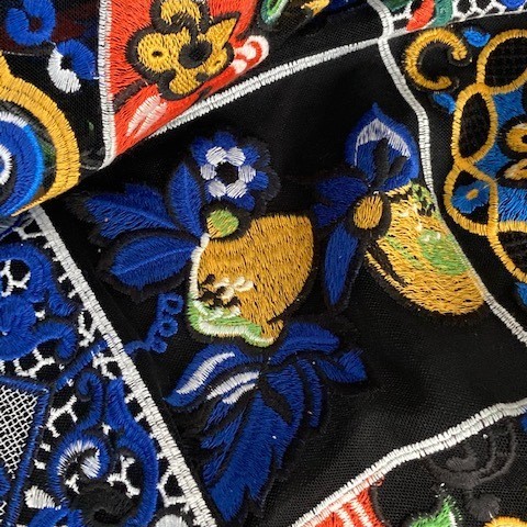 Majolica pattern on black tulle - unique colorful tile folklore embroidery | View: Majolica pattern on black tulle - unique colorful tile folklore embroidery