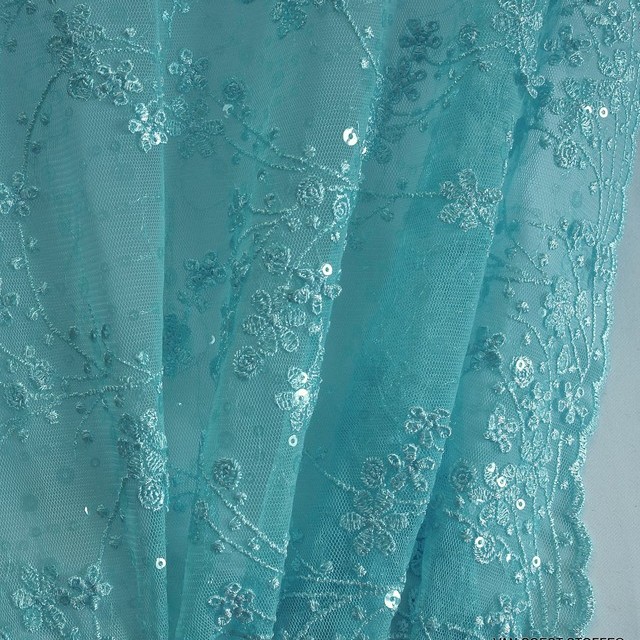 Mini vines and 3D flowers including shiny mini sequins on tulle Light Blue