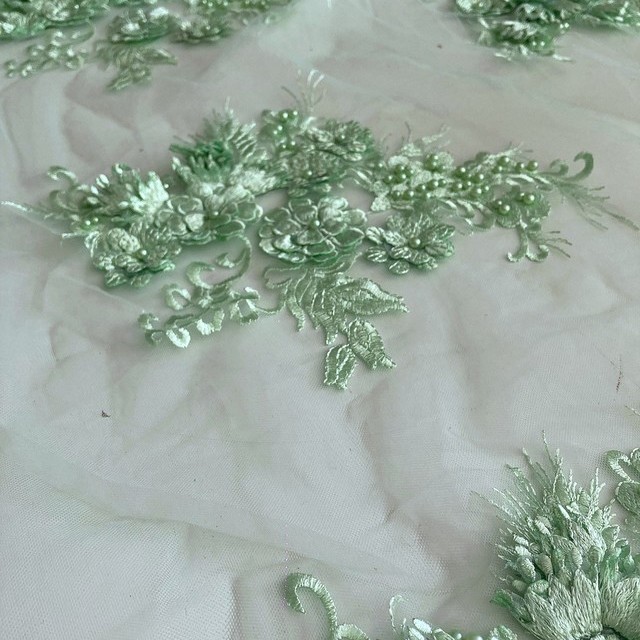 Mint colors lace flowers & leaves with 3D flowers & large beads on tulle | View: Mint colors lace flowers & leaves with 3D flowers & large beads on tulle