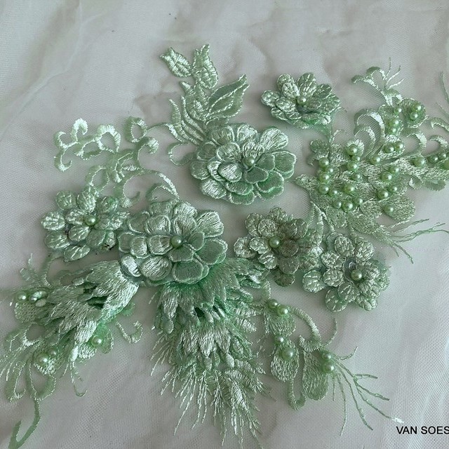 Mint colors lace flowers & leaves with 3D flowers & large beads on tulle | View: Mint colors lace flowers & leaves with 3D flowers & large beads on tulle