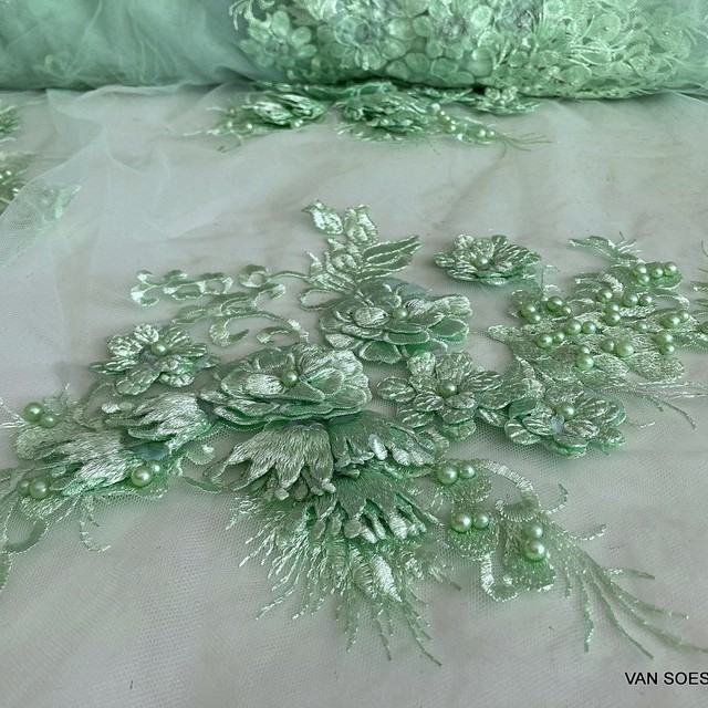 Mint colors lace flowers & leaves with 3D flowers & large beads on tulle | View: Mint colors lace flowers & leaves with 3D flowers & large beads on tulle