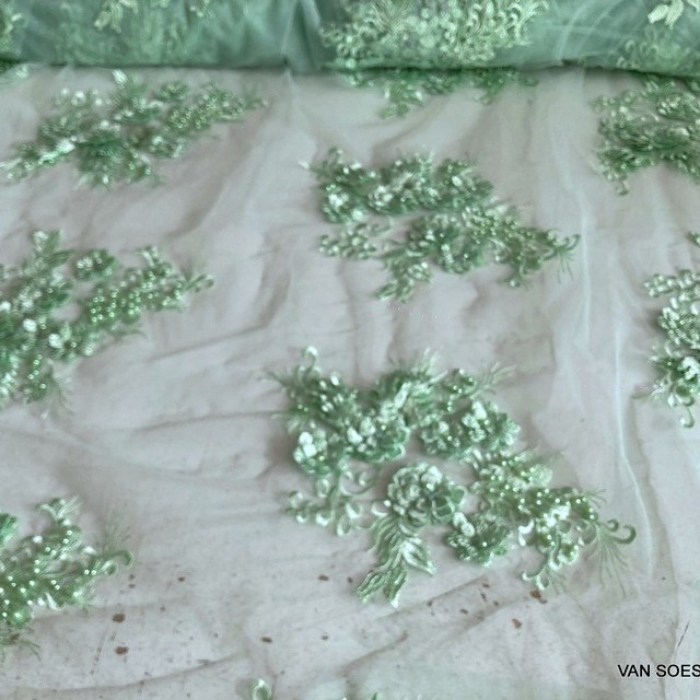 Mint colors lace flowers & leaves with 3D flowers & large beads on tulle | View: Mint colors lace flowers & leaves with 3D flowers & large beads on tulle