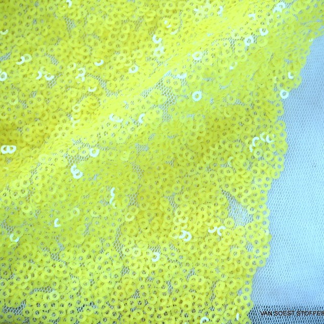 neon yellow mini sequins on tone on tone stretch tulle in white | View: neon yellow mini sequins on tone on tone stretch tulle in white