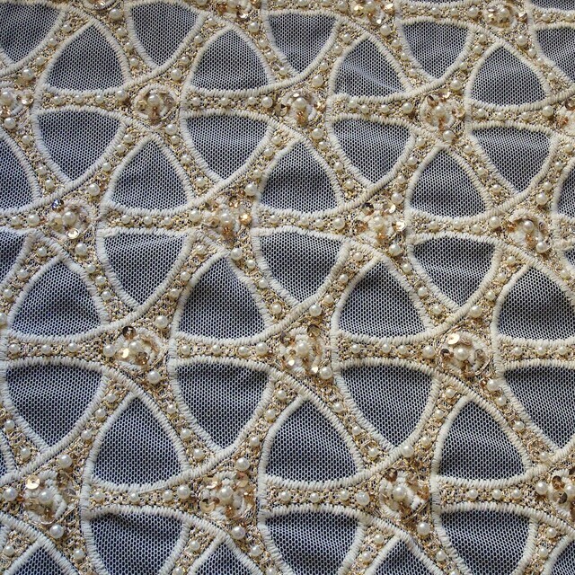 Beaded circles & mini sequins with gold threads on tulle in creme | View: Beaded circles & mini sequins with gold threads on tulle in creme