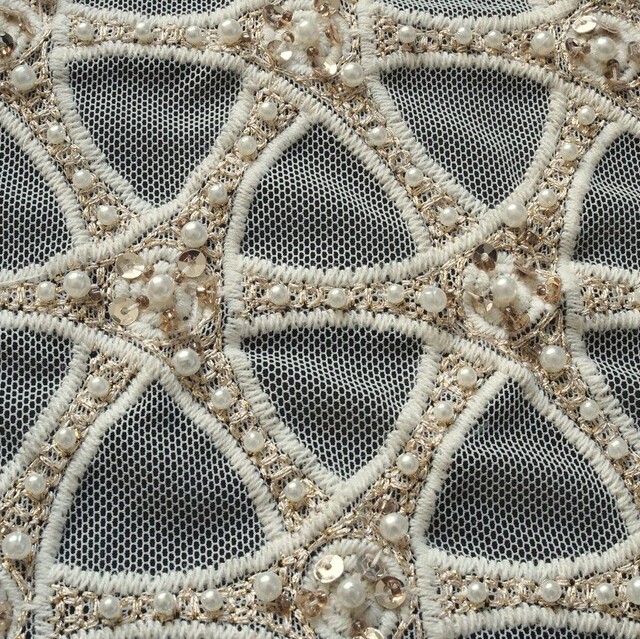 Beaded circles & mini sequins with gold threads on tulle in creme | View: Beaded circles & mini sequins with gold threads on tulle in creme