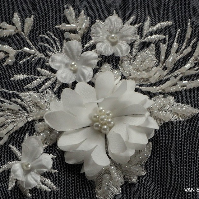 Beads + stabs with 3D couture flowers on tulle | View: Beads + stabs with 3D couture flowers on tulle