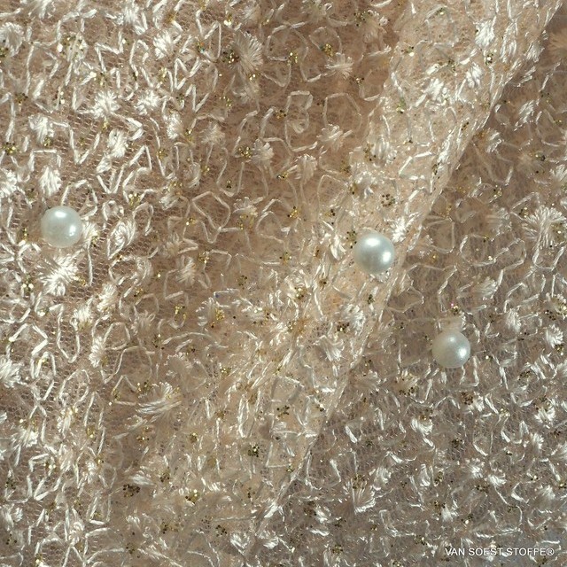 Pearls on micro-floral stretch glitter tulle in cream | View: Pearls on micro-floral stretch glitter tulle in cream