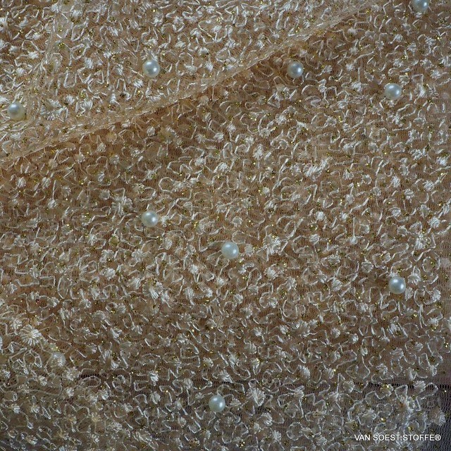 Pearls on micro-floral stretch glitter tulle in cream | View: Pearls on micro-floral stretch glitter tulle in cream