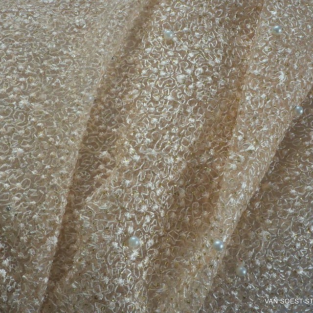 Pearls on micro-floral stretch glitter tulle in cream | View: Pearls on micro-floral stretch glitter tulle in cream
