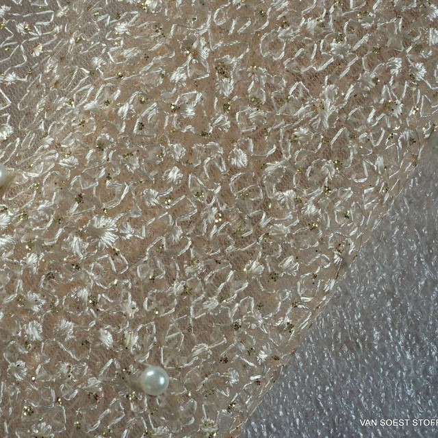 Pearls on micro-floral stretch glitter tulle in cream | View: Pearls on micro-floral stretch glitter tulle in cream