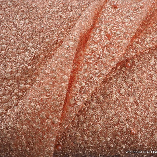 Pearls on micro-floral stretch glitter tulle in salmon