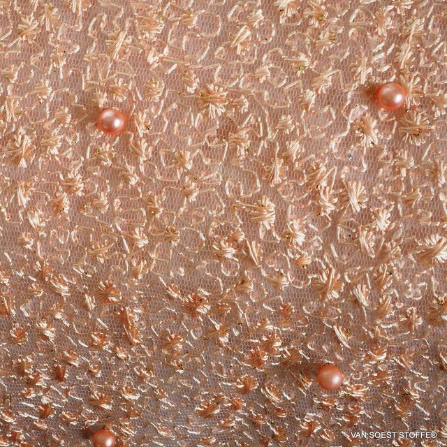 Pearls on micro-floral stretch glitter tulle in salmon | View: Pearls on micro-floral stretch glitter tulle in salmon