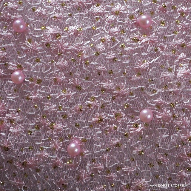 Pearls on micro-floral stretch glitter tulle in pink | View: Pearls on micro-floral stretch glitter tulle in pink